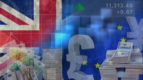 Pointing arrows with animated money in pounds and euro againts animated EU and britain flag background - Powered by Shutterstock - Get 15% off with code: PIKWIZARD15