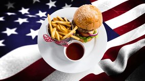 Composite of food plate with burger and fries against animated american flag background - Powered by Shutterstock - Get 15% off with code: PIKWIZARD15