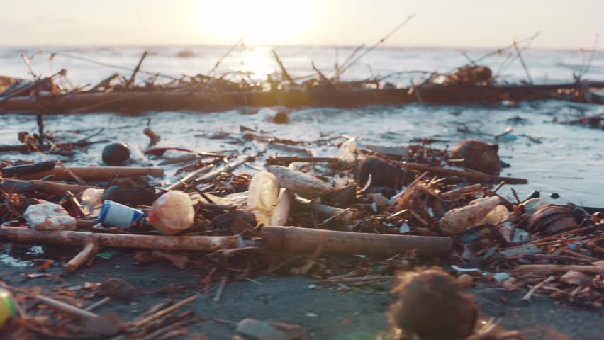 Plastic bottles, bags and other garbage dumped on dark sand of the beach and in ocean. Environmental pollution problem concept. Royalty-Free Stock Footage #1021118425