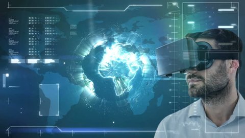 Digital composite of businessman using VR against blue animated background