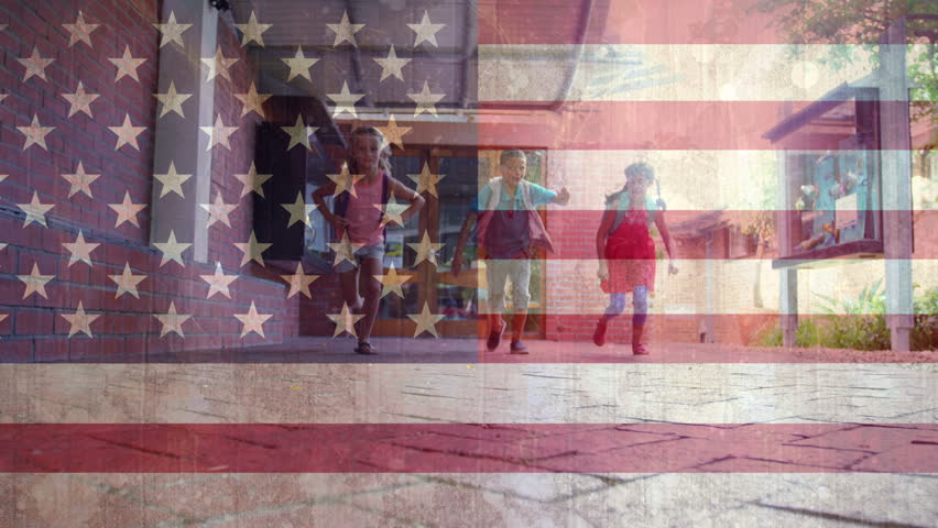 Digital composite of children running on school ground against american flag background
