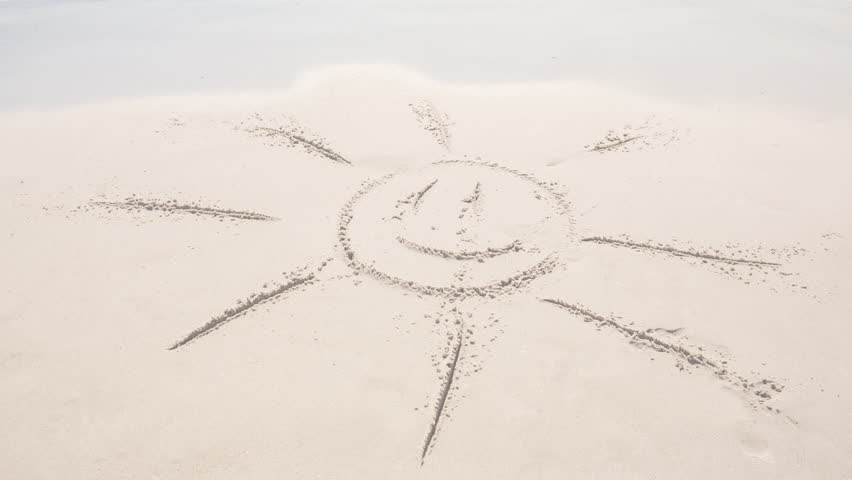 Digital composite of animated yellow emoticon with sunglasses against sun drawn in the sand background