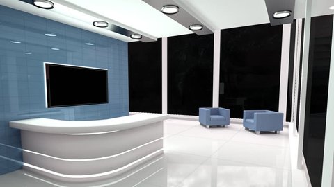Animated front desk with chairs against animated thunder background behind windows