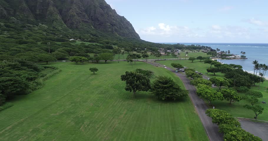 Aerial Drone Shot at Kualoa Regional Park in Kaneohe, HI.