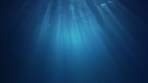 Sun light beams shining from above coming through the deep clear blue water causing a beautiful water lighting reflections curtain