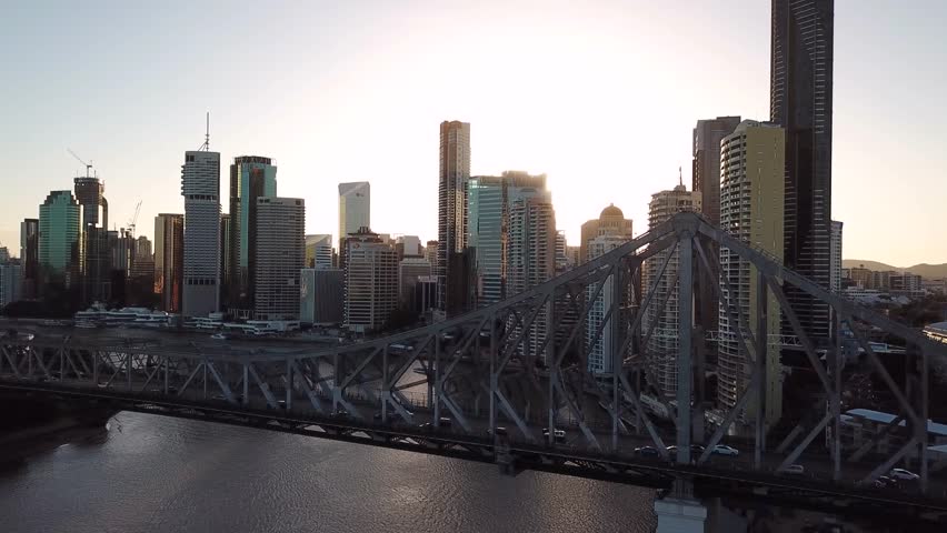 Aerial view of Brisbane Skyline Sunset - Story Bridge