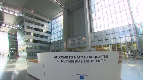 CIRCA 2018 - Empty hallways and the empty reception area of the new NATO headquarters are shown.