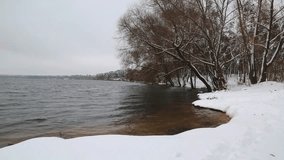 video about beautiful winter lake and forest in the snow