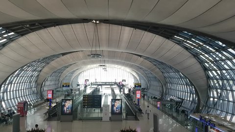 BANGKOK, THAILAND - SEPTEMBER 1, 2018: People inside Suvarnabhumi International Airport which is one of largest international airports serving Bangkok in Thailand. 

