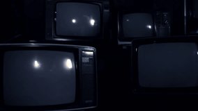Four Retro TV Sets Turning On Chroma Screens. Zoom In. You can replace chroma screens with the footage or picture you want with “Keying” effect in After Effects or any other video editing software.