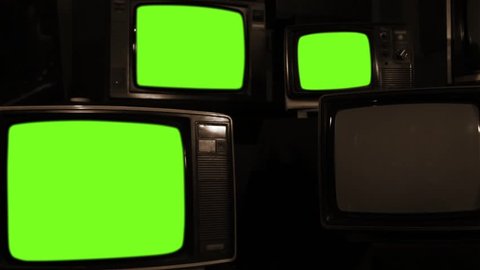 Four Retro TV Sets Turning On Green Screen. Sepia Tone. You can replace green screen with the footage or picture you want with “Keying” effect in After Effects.