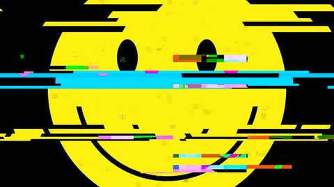 A smiley icon representing a funny yellow happy smiling face, but with a heavy digital distortion glitch effect. Disquieting, unsettling symbol. Big size.
