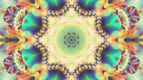 Colored kaleidoscope sequence patterns. Abstract multicolored motion graphics background. Or for yoga, clubs, shows, mandala, fractal animation. Beautiful bright ornament. Seamless loop.