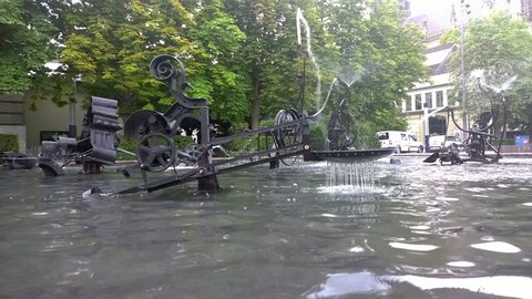 Basel, Switzerland-June 30, 2018: 
Kinetic fountain of the Swiss sculptor Jean Tinguely. Time lapse.