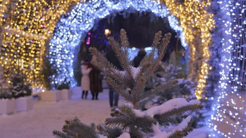 People walk along festively decorated streets. Spruce with snow in the foreground. On the background of beautiful colored garlands