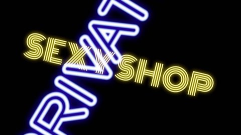 Many neon signs with text (Girls, Live Show, Nude, Topless, Open, Peep, Private, Sexy, Strip Club, XXX) coming to the viewer with a rotation. Black background.
