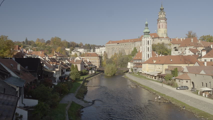 Castle in Krumlov above the river Vltava. Unesco. Wide steady shot.