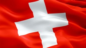 Swiss Flag Transition waving in wind video footage Full HD. Realistic Swiss Flag background. Switzerland Flag Looping Closeup  Full HD . Switzerland EU European country flags Ful