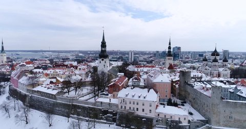 Wonderful winter aerial scenery of the Old Town in Tallinn, Estonia. Old Tallinn in winter. 4K. 