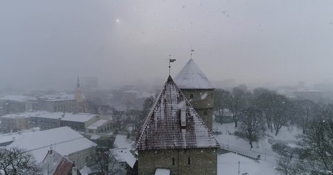 Wonderful winter aerial scenery of the Old Town in Tallinn, Estonia. Old Tallinn in winter. 4K. 