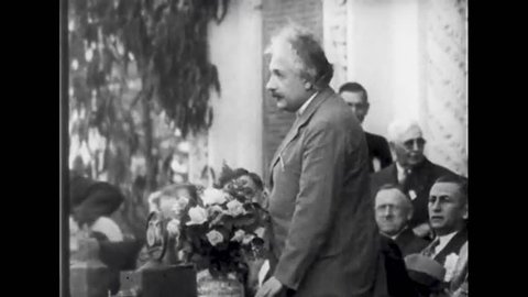 California, United State of America. About 1933. Albert Einstein talks to the crowd at the California Institute of Technology.