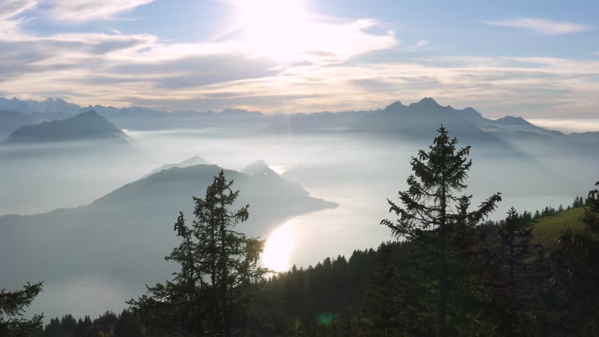 flying between two pine trees with stunning mountain scenery, fog covered mountain with lake sunny sunset, rigi switzerland