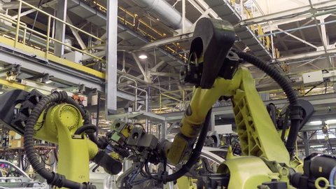 Izhevsk, Russia - December 15 2018: Automotive industry, Robots on Assembly line production of new LADA car at Automobile Factory AVTOVAZ on December 15, 2018 in Izhevsk