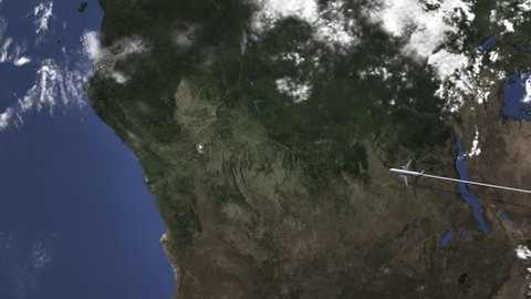 Commercial plane arrives to Brazzaville, Republic of the Congo, 3D animation