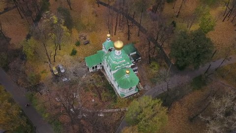 Aerial View Russian Church Autumn Forest