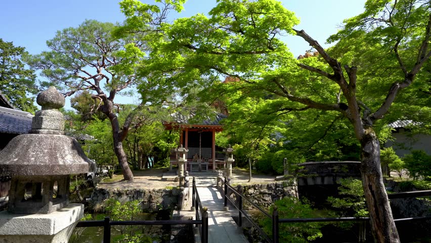 Traditional pond with stone bridge above the green water in nature forest under sunshine. small temple in kiyomizu dera with huge old red white rope from roof. rock lanterns toro stand front shrine