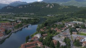 Aerial drone footage view of Brivio’s River, Adda, Italy Europe// no video editing