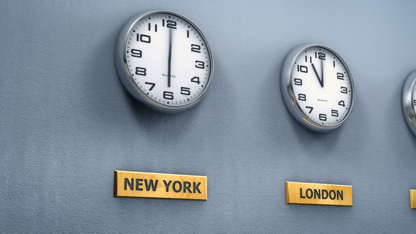 Office wall clocks showing different cities time Royalty-Free Stock Footage #1021254703