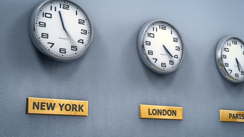 Office wall clocks showing different cities time