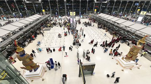 4K Time lapse of people and passenger waiting in the queue for checking at Suvarnabhumi Airport