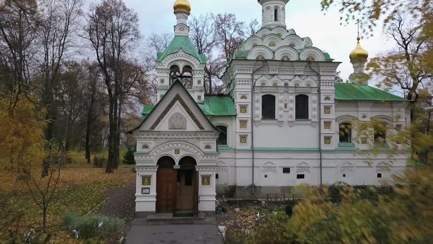 Aerial view of Russian church in autumn park