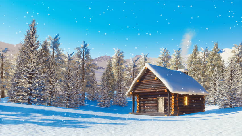 Cozy snowbound log cabin with smoking chimney among snow covered fir forest high in alpine mountains at winter day with slight snowfall. Decorative 3D animation in cinemagraph style rendered in 4K