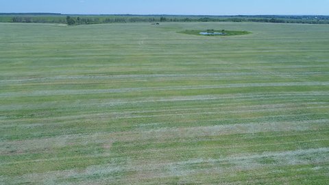 Aerial View Tractor Mowing Green Fresh Grass