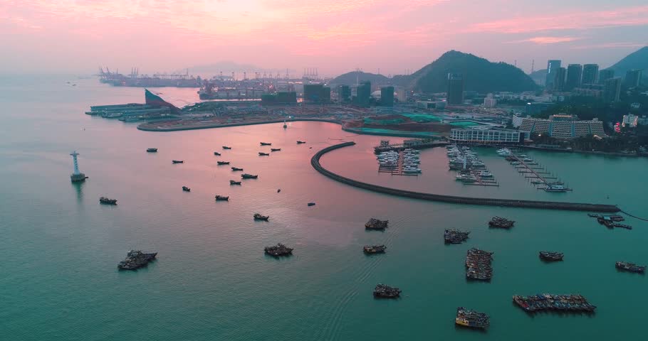 Aerial view of wharf in Shenzhen China, the harbor full of fishing boats/ships/yachts,quiet and peaceful in twilight