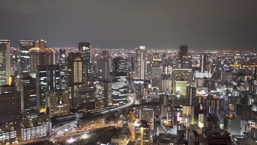 Elevated angle view of the city of Osaka, Japan at night.
