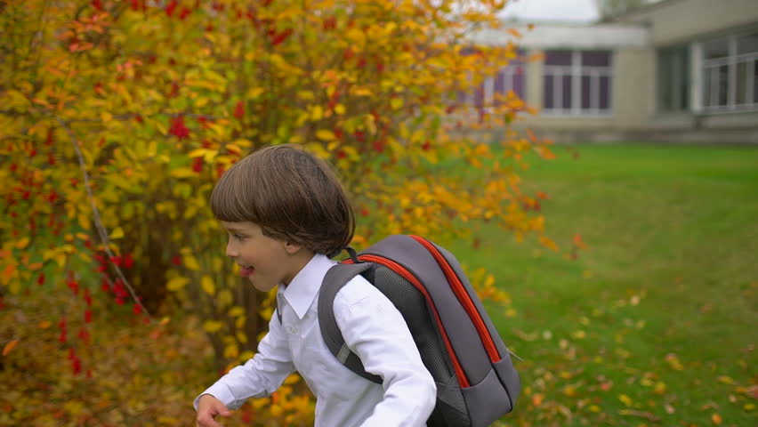 smiling little boy schoolboy student with backpack going and running to school outdoors. First-grade student, primary school, first grader, first class 1 september, kid child children schoolchild Royalty-Free Stock Footage #1021300720
