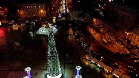 KYIV, UKRAINE - 20 DECEMBER 2018: The view on New Year Tree on Saint Sophia Square and Christmas Fair in Kyiv, Ukraine