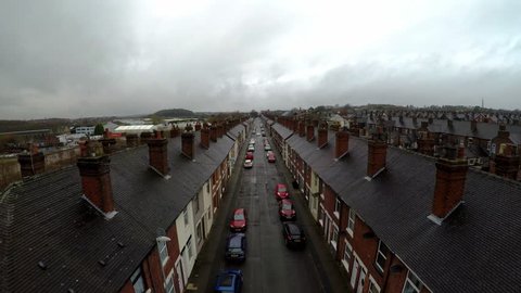 Fenton, Stoke on Trent, Staffordshire - 21st December 2018 - Aerial footage of Oldfield Street in one of Stoke on Trents poorer areas, Terrace housing, poverty and urban decline, No 6 of 7