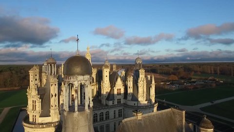 Drone shot of the Chateau de Chambord, the largest and most visited chateau in the Loire Valley. The Chambord Castle was commissioned by King Francis I and imagined by Leonardo da Vinci. 
