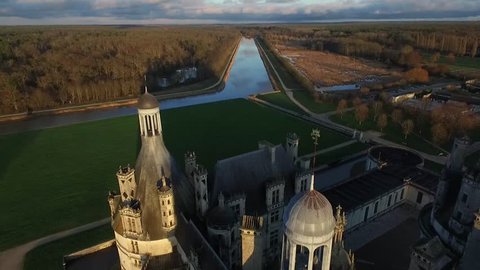 Drone shot of the Chateau de Chambord, the largest and most visited chateau in the Loire Valley. The Chambord Castle was commissioned by King Francis I and imagined by Leonardo da Vinci. 
