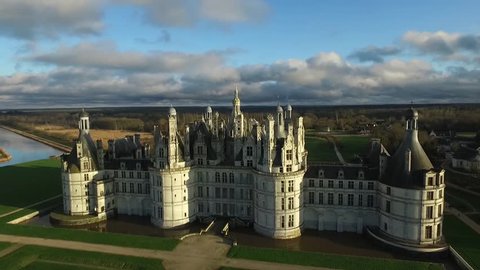 Chambord, Loire/France - March 3 2017 : Drone shot of the Chateau de Chambord, the largest and most visited chateau in the Loire Valley. 