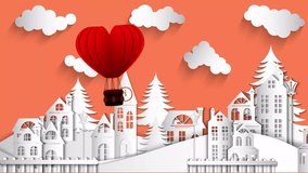 Flying balloon and paper cut mini hearts on romantic coral background with flying clouds and panorama of city or village. Design for happy valentine's day celebration. 4K video, animation.