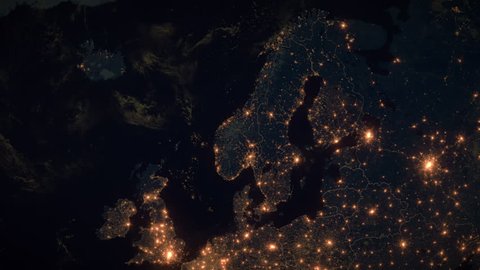 Zoom to Norway, Scandinavia. The Night View of City Lights. Political Borders of European Countries: The Biggest Nordic Cities: Oslo, Bergen, Stavanger. Super Detailed Space View Earth Zoom. 