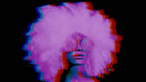 amazing mannequin with afro wig and sunglasses with led pattern on them. very 1980s retro. not a real model, this is a mannequin head