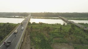 Aerial footage of two bridge with turning movement view point