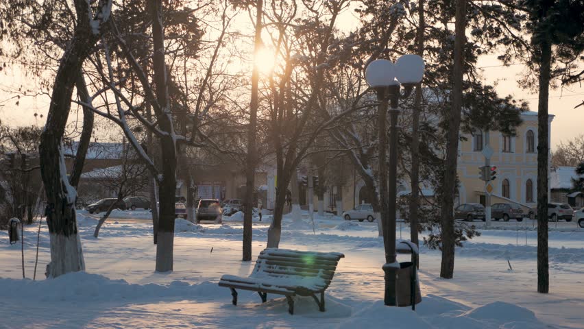 Old wooden bench in the city winter park.